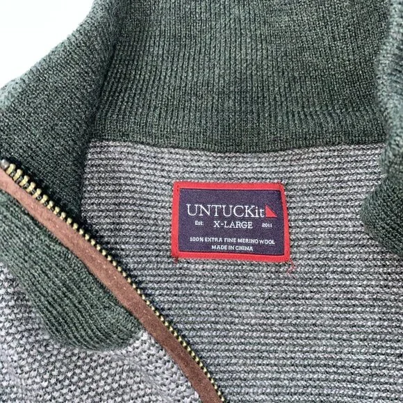 UNTUCKit 100% Merino Wool‎ 1/4 Zip Men's Pullover sweater Sz XL Green/Gray - Picture 6 of 8